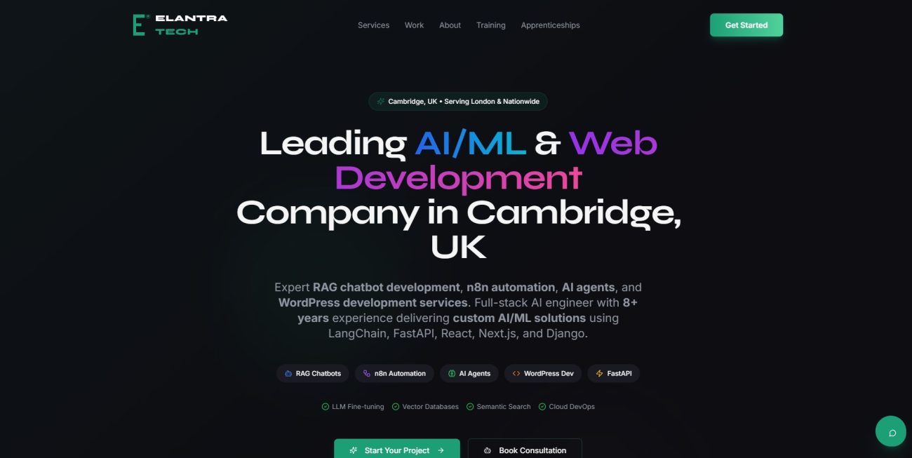 Technology company website including service architecture and marketing