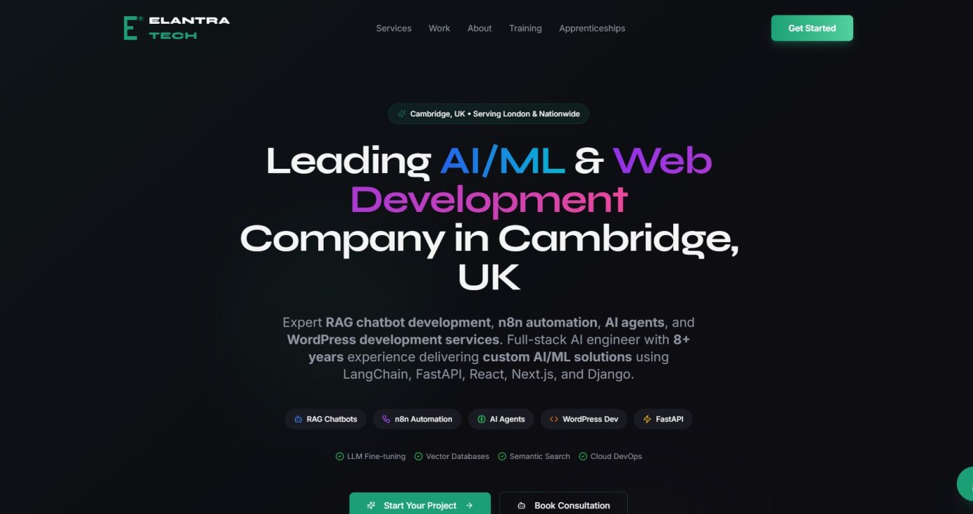 Technology company website including service architecture and marketing