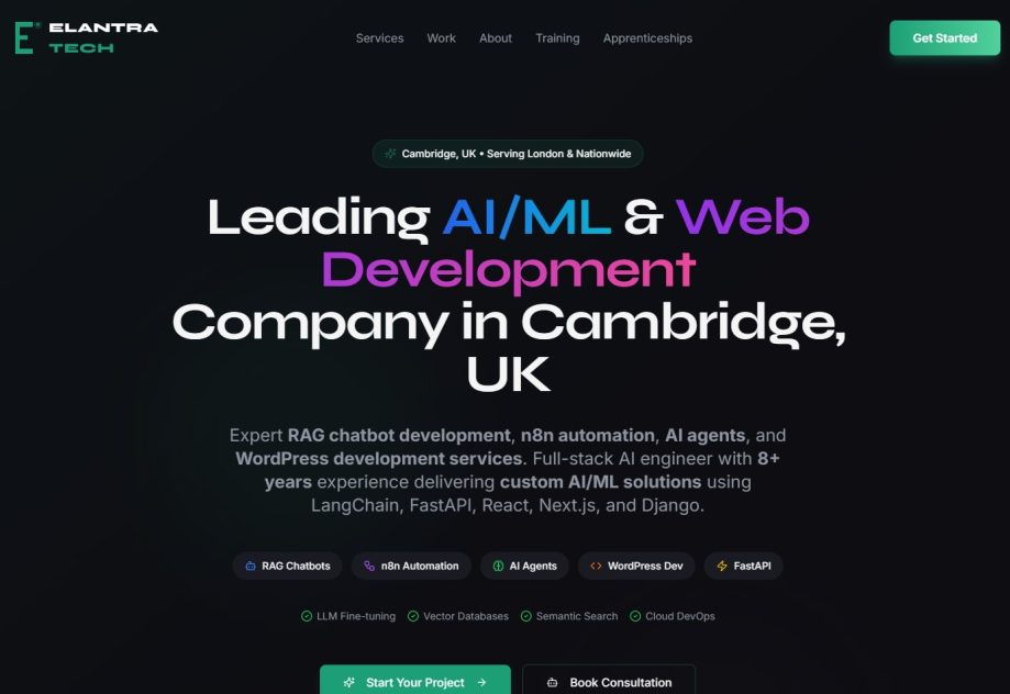 Technology company website including service architecture and marketing