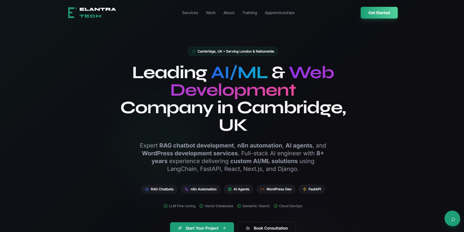 Technology company website including service architecture and marketing